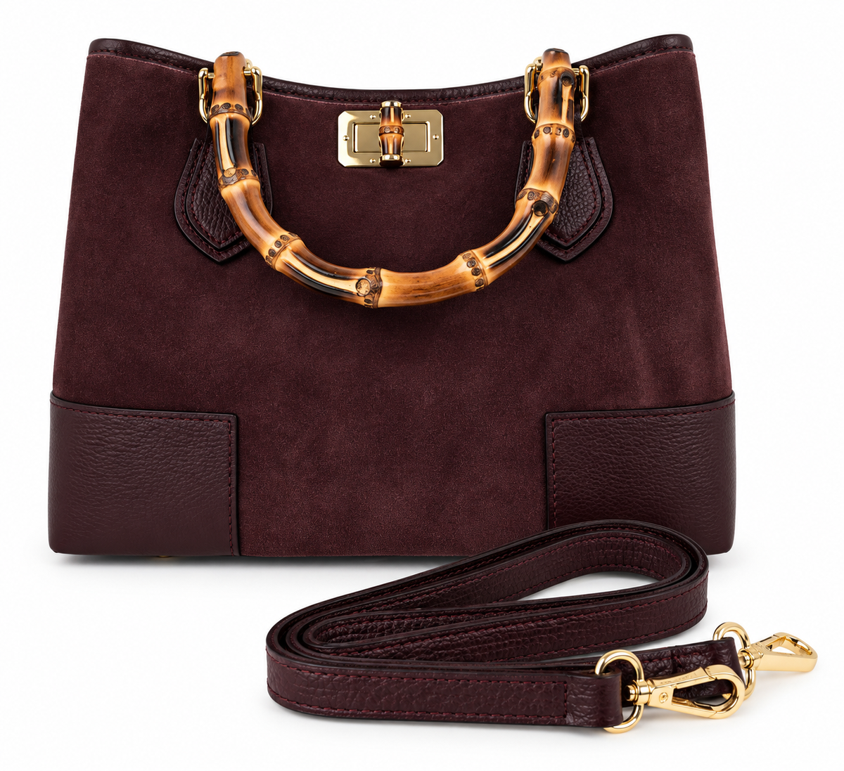 Borsa bordeaux con manico in bambù