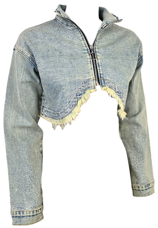Giacca in jeans con zip e strass