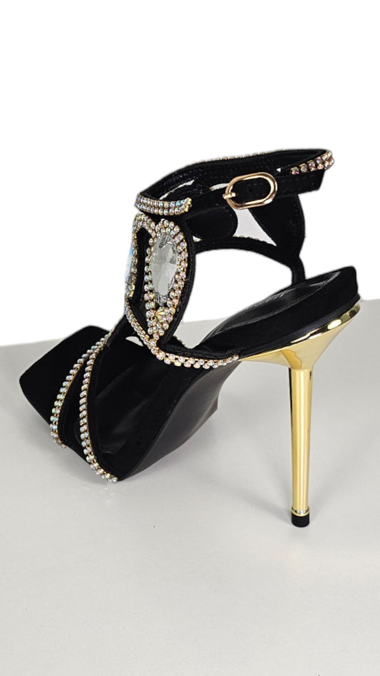 Sandalo elegante nero strass tacco