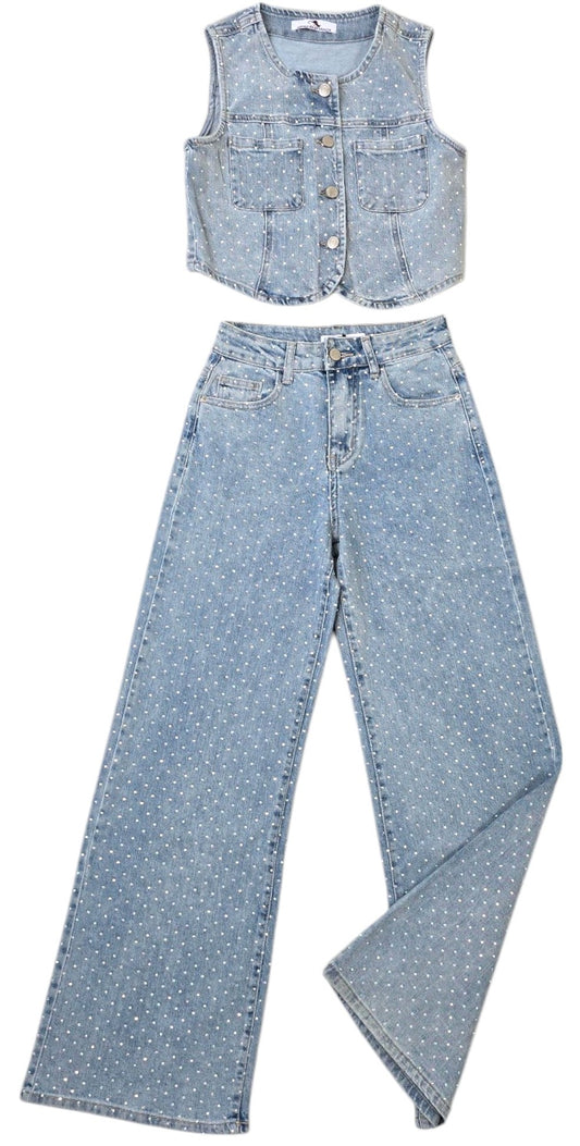 Gilet in jeans con strass aurora boreale