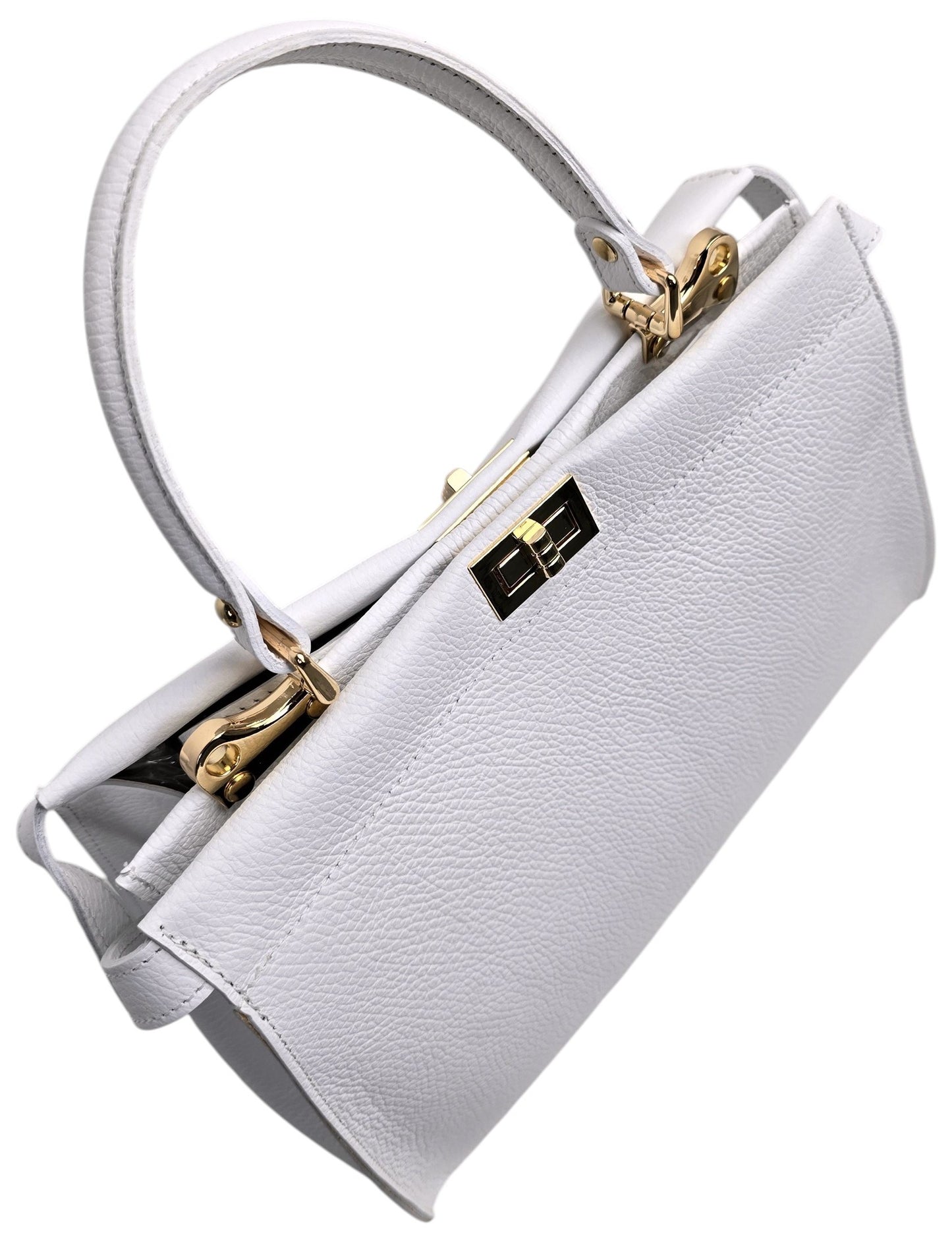 Borsa in pelle bianca con gancetti oro