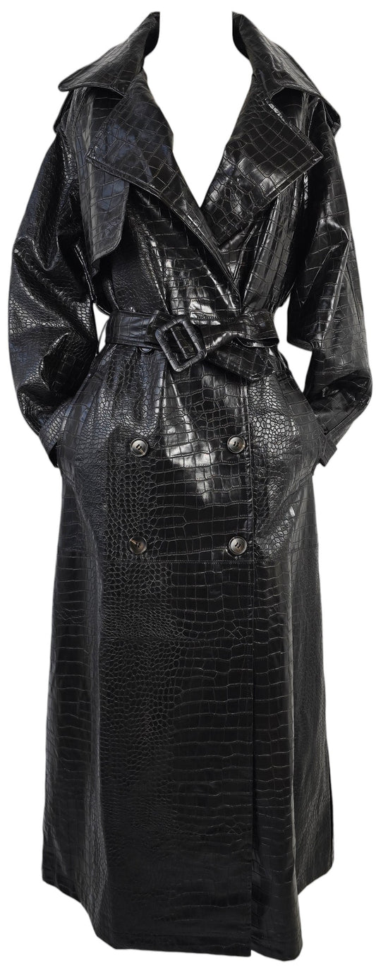 Trench Lungo Nero Coccodrillo con Cintura