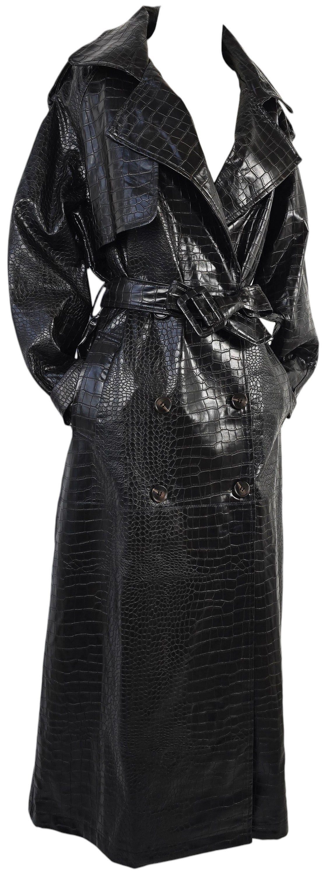 Trench Lungo Nero Coccodrillo con Cintura