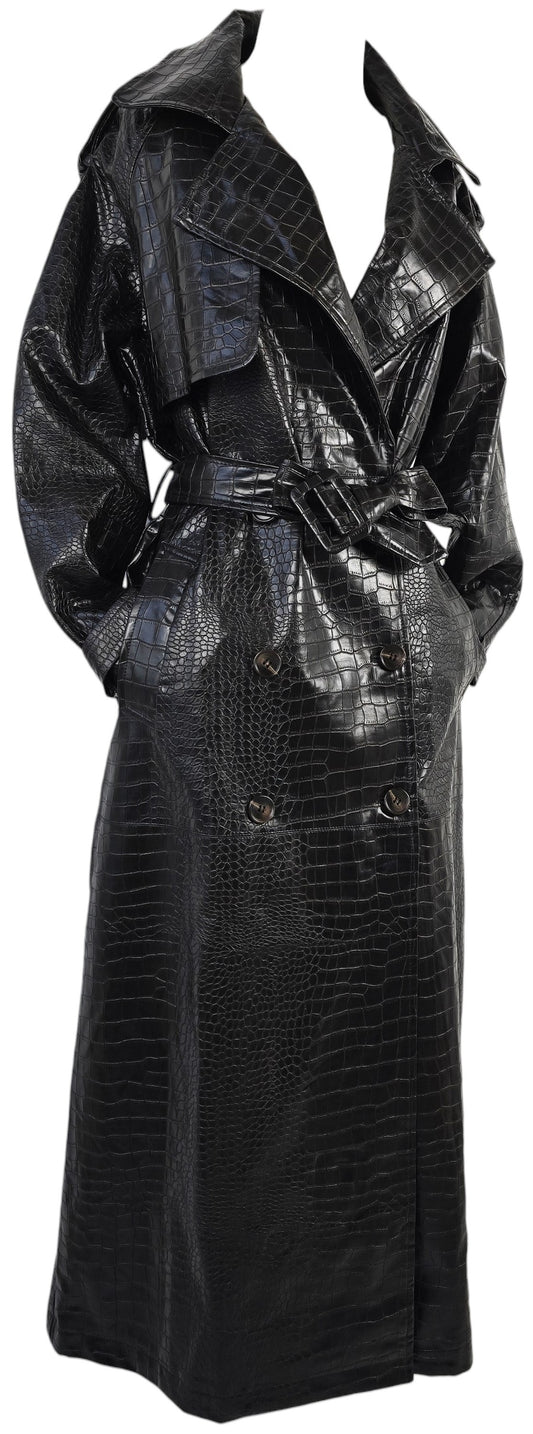 Trench Lungo Nero Coccodrillo con Cintura