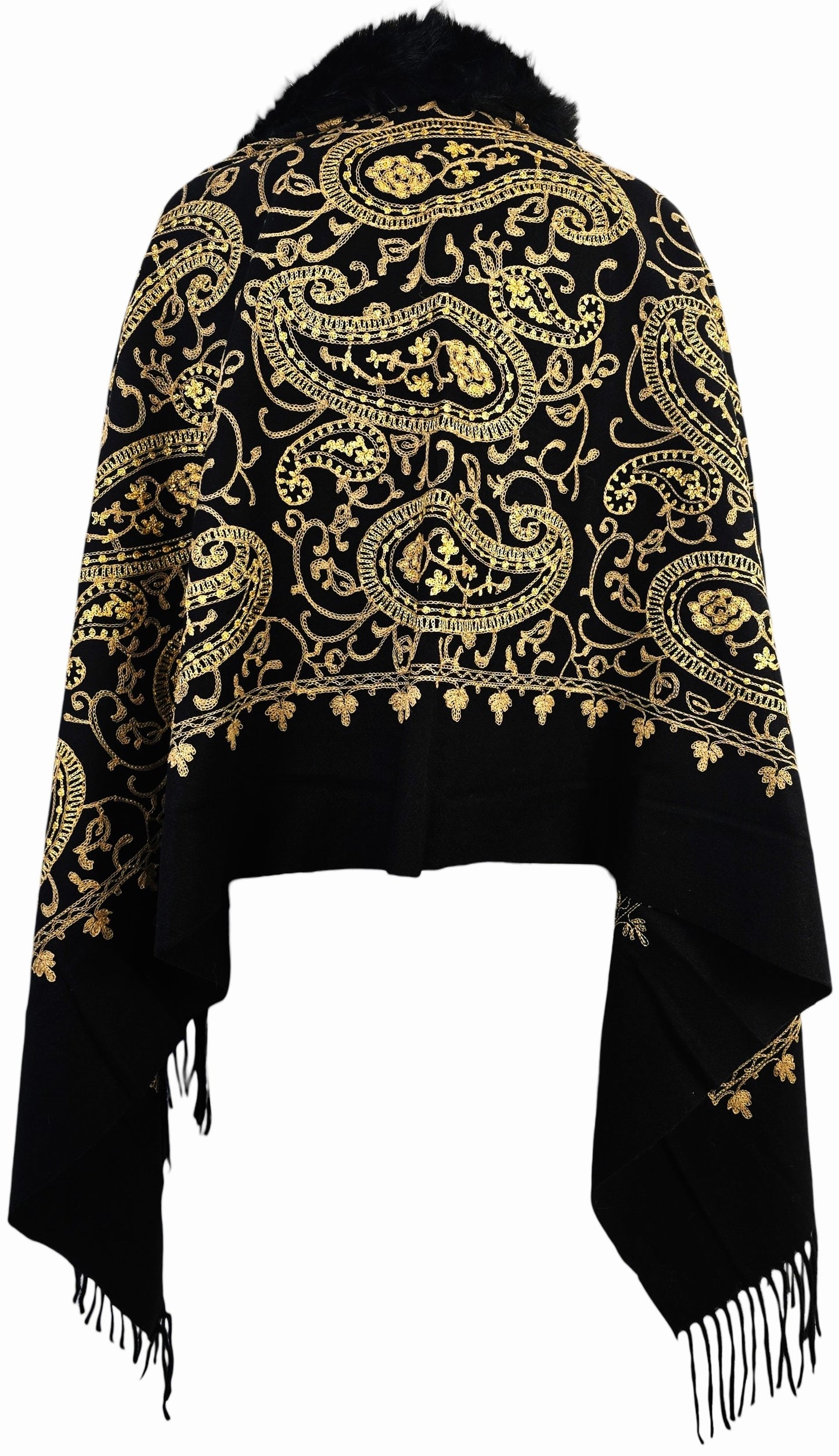 Poncho Ricamato con Bordo in Eco-Pelliccia