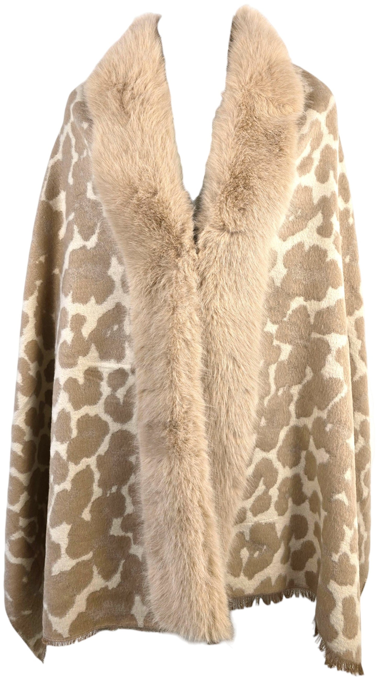 Poncho Animalier con Collo in Eco-Pelliccia
