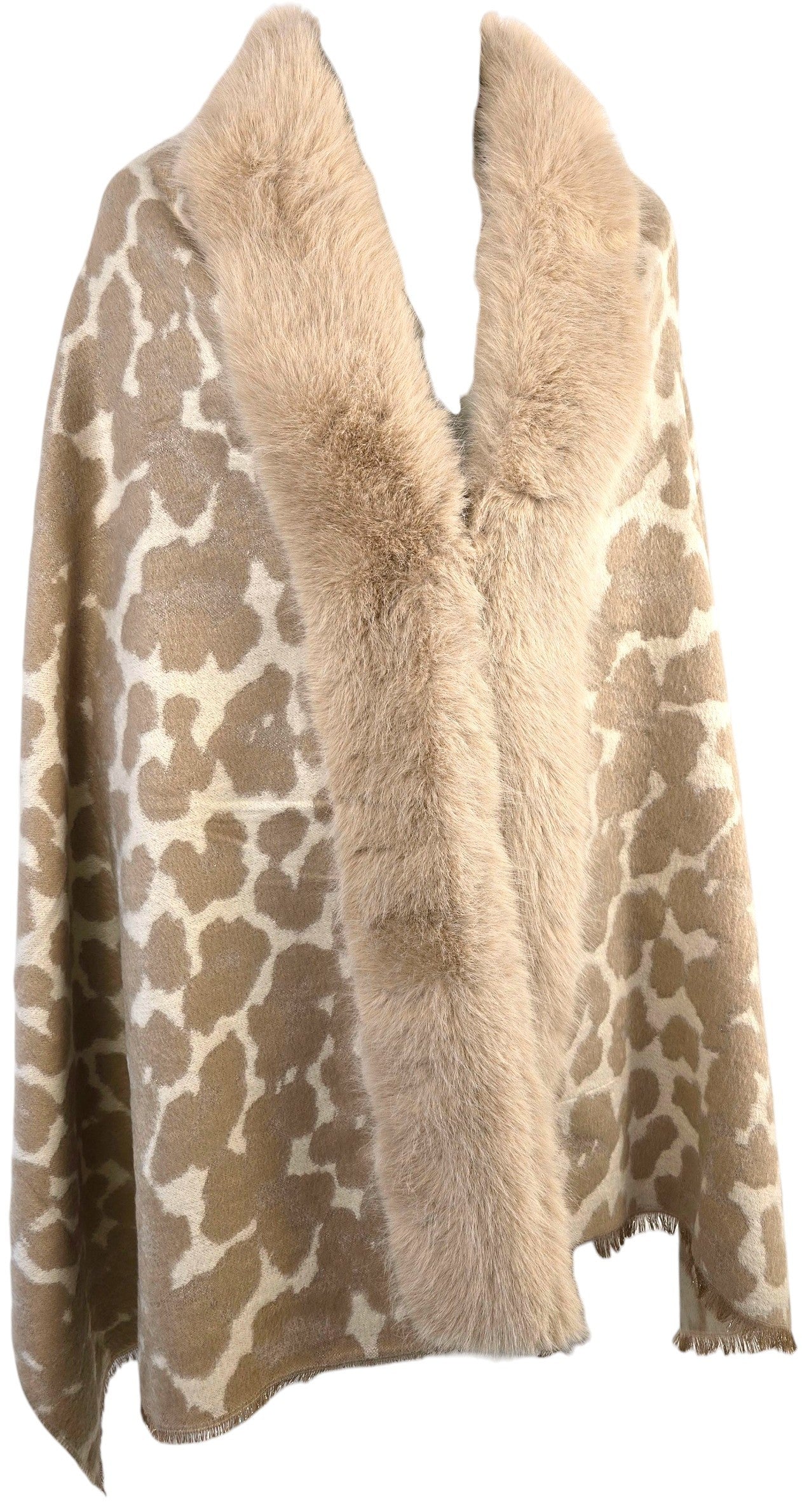 Poncho Animalier con Collo in Eco-Pelliccia