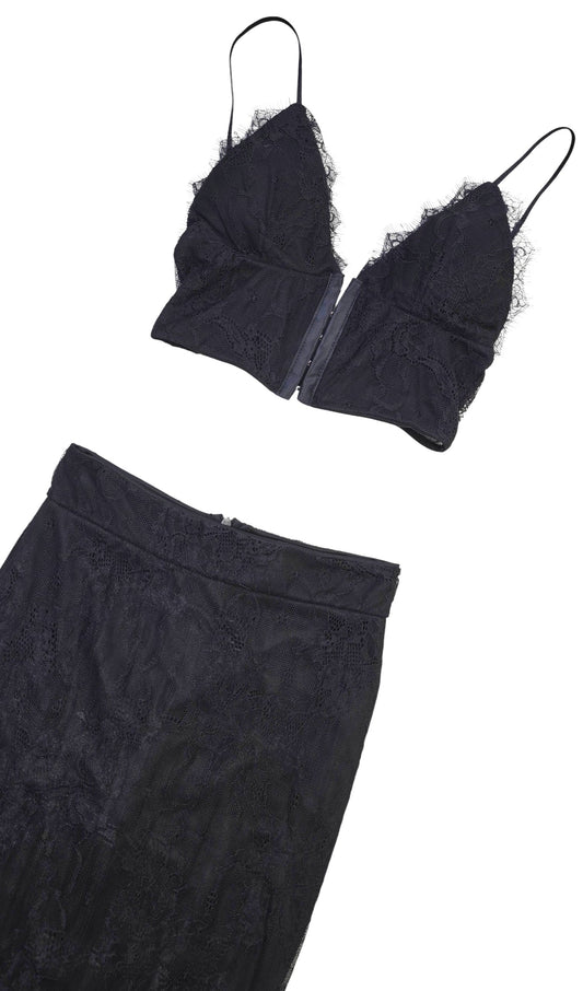 Coordinato Nero in Pizzo Top Bralette e Gonna Longuette