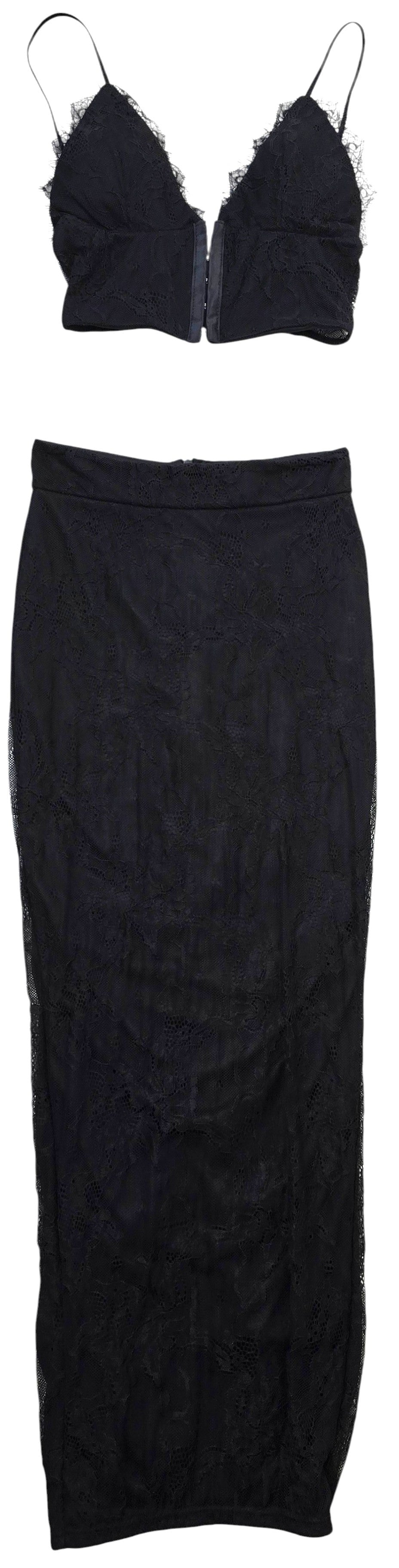 Coordinato Nero in Pizzo Top Bralette e Gonna Longuette
