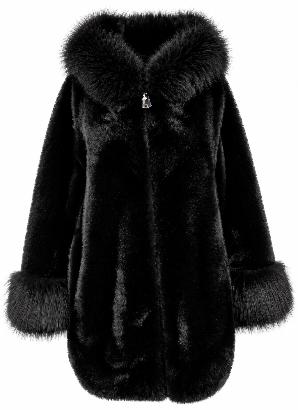 Cappotto nero con cappuccio e polsi voluminosi
