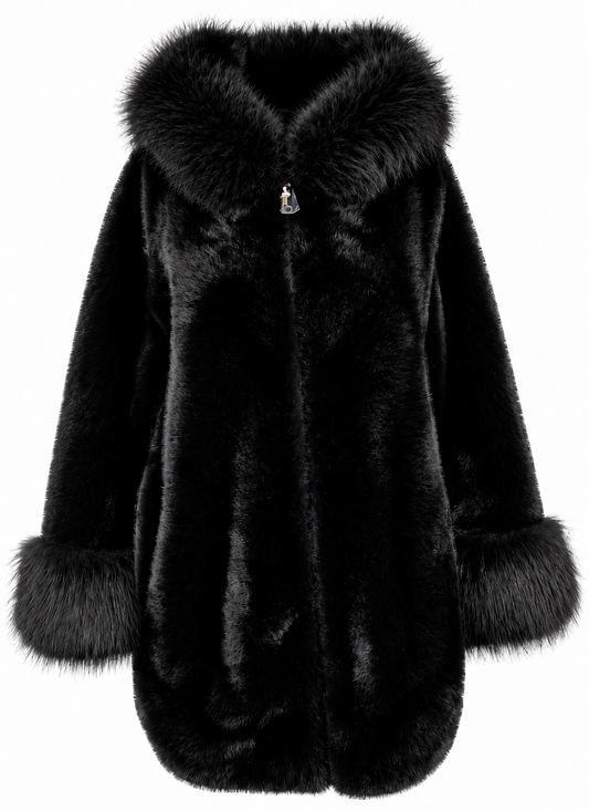 Cappotto nero con cappuccio e polsi voluminosi