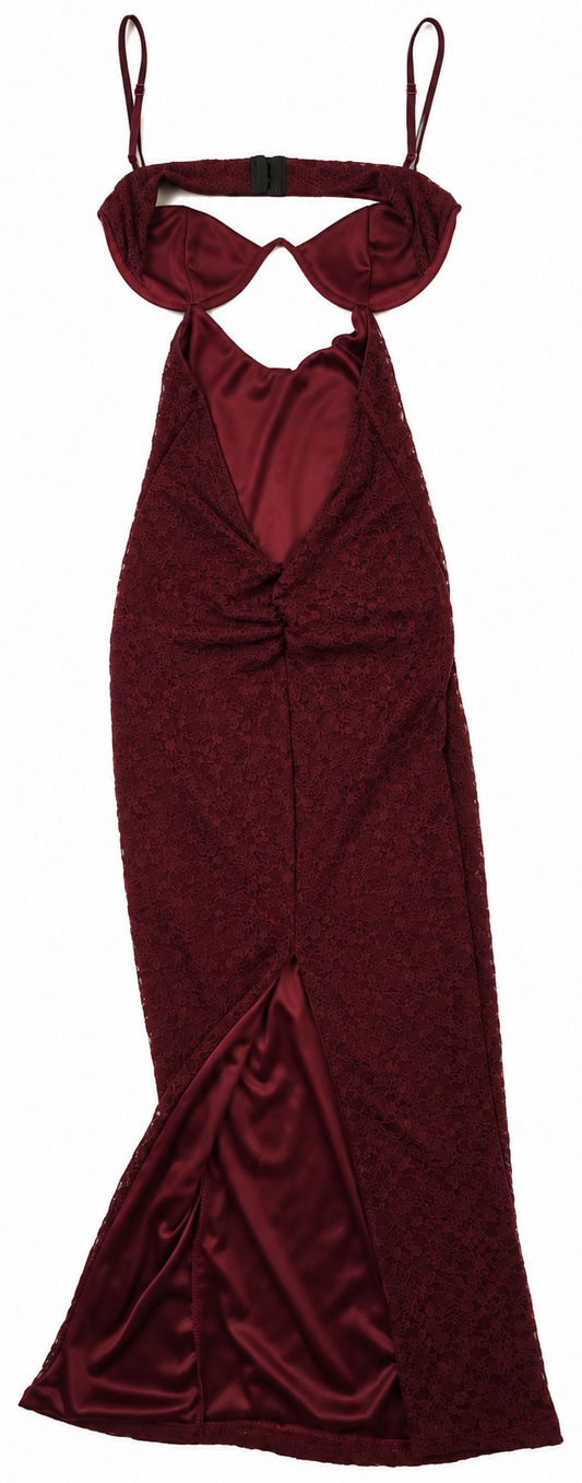 Abito lungo bordeaux in pizzo con Coppe