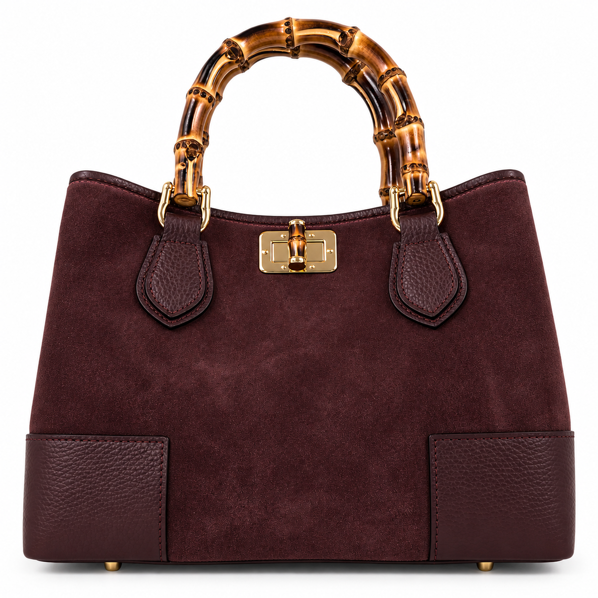 Borsa bordeaux con manico in bambù