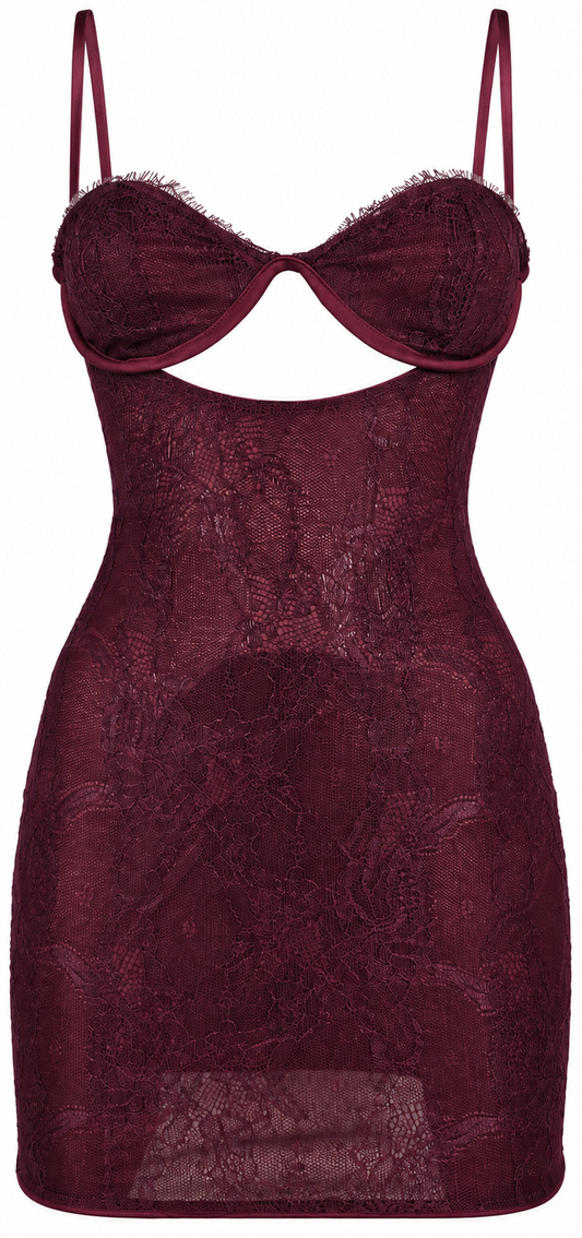 Abito corto in pizzo bordeaux