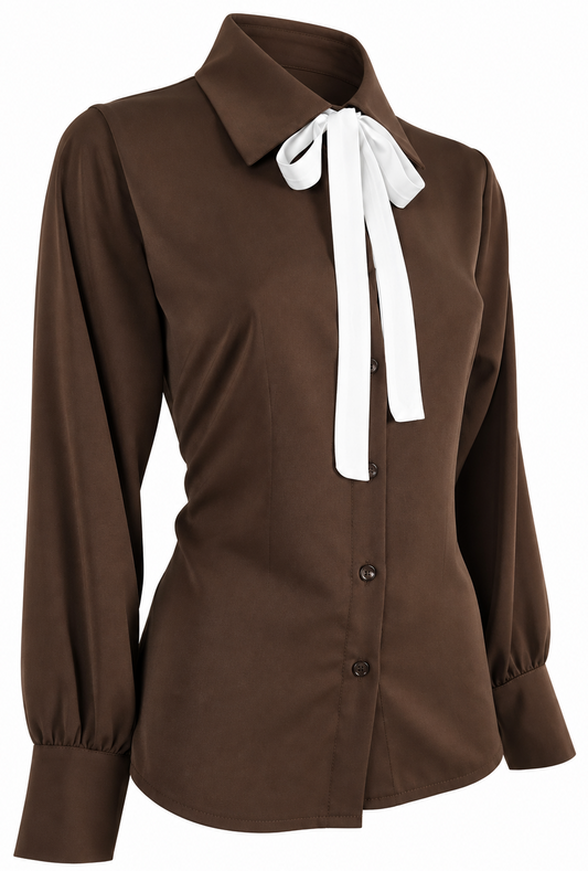 Camicia marrone con fiocco bianco