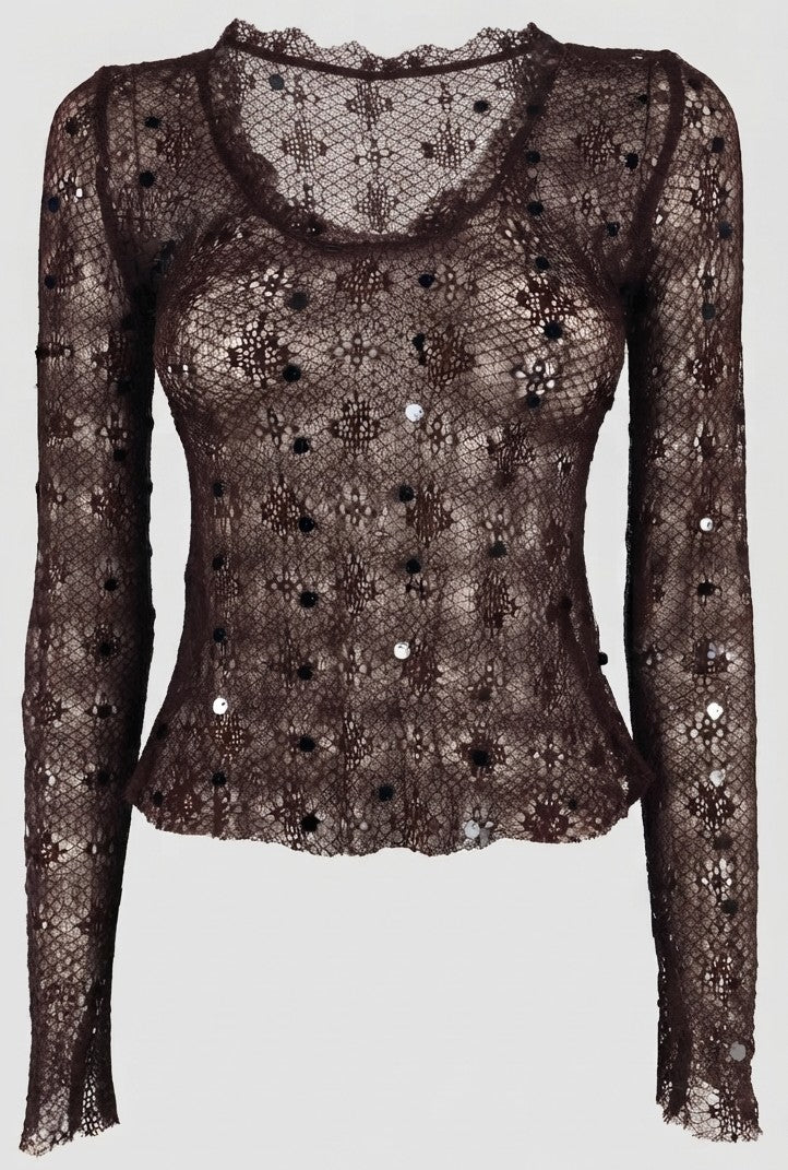 Maglia in pizzo trasparente con paillettes
