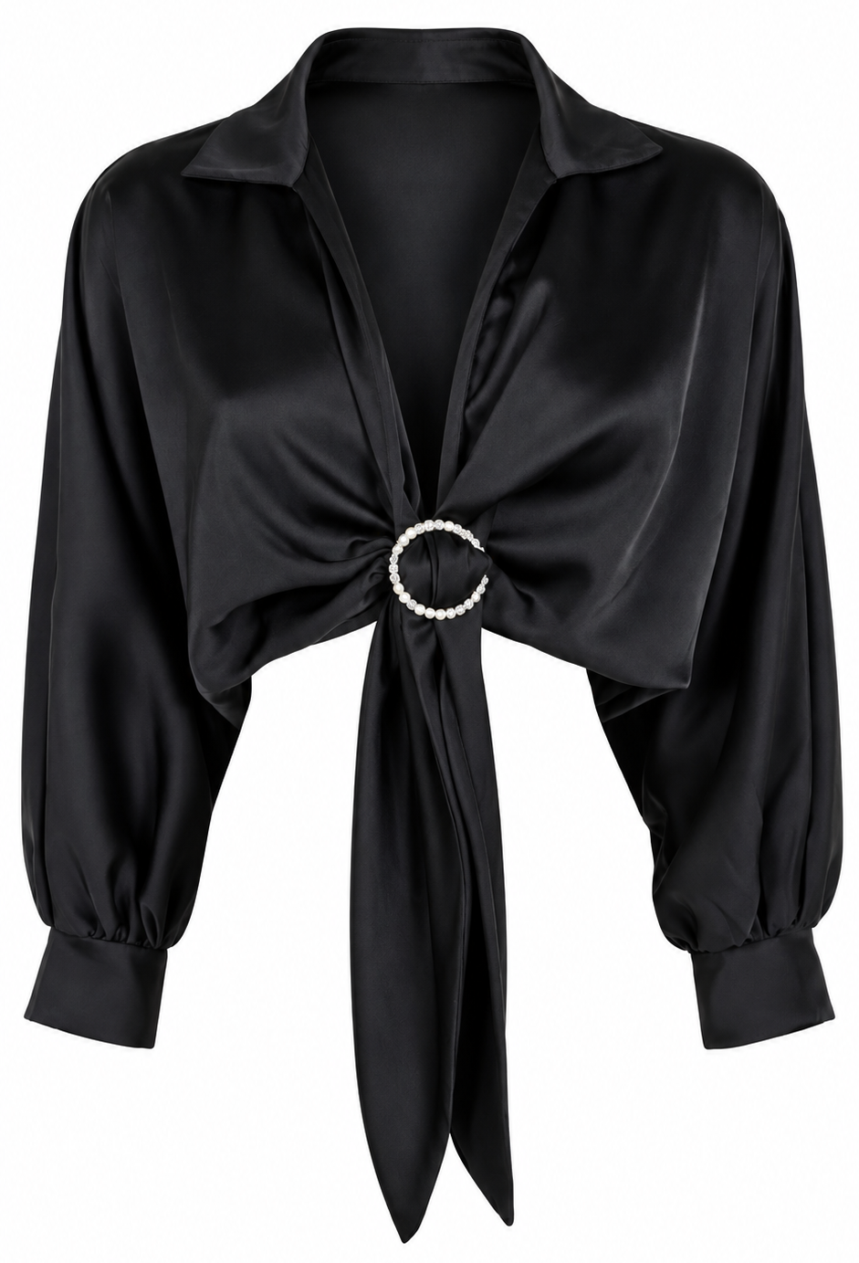 Camicia nera in raso con dettaglio gioiello
