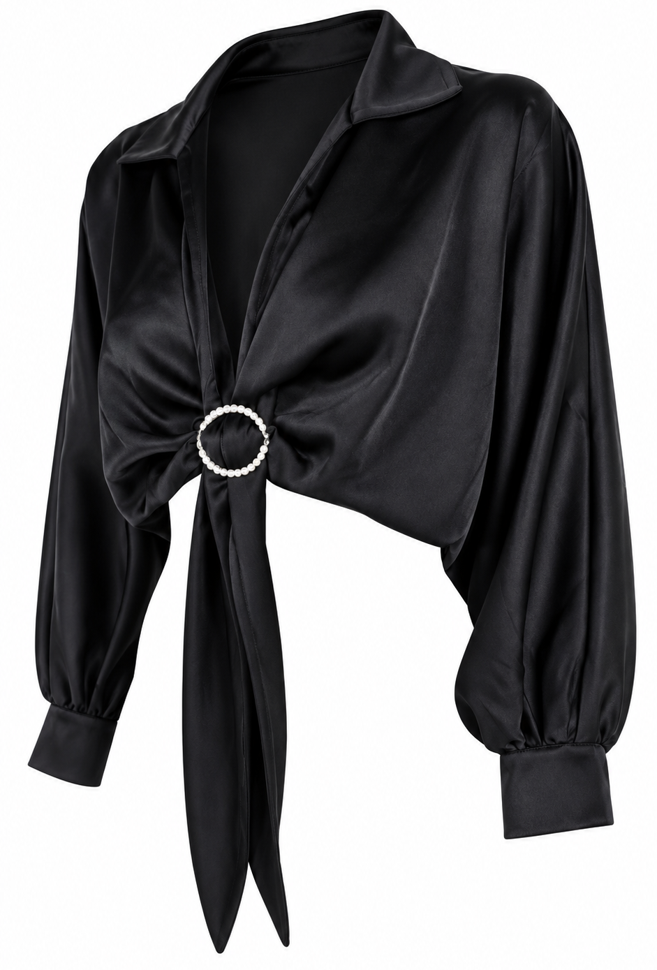 Camicia nera in raso con dettaglio gioiello