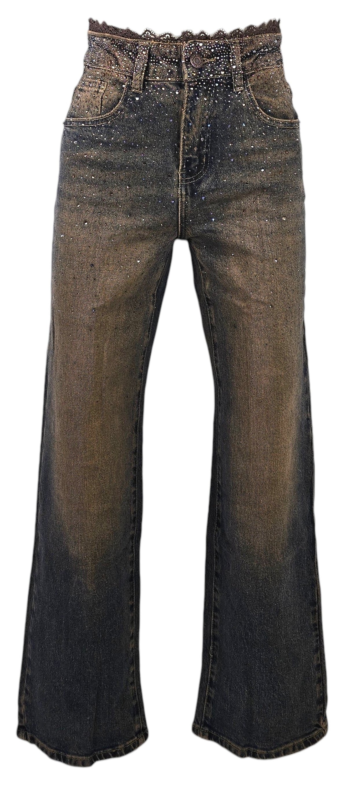 Jeans lavaggio vintage con strass e dettaglio in pizzo