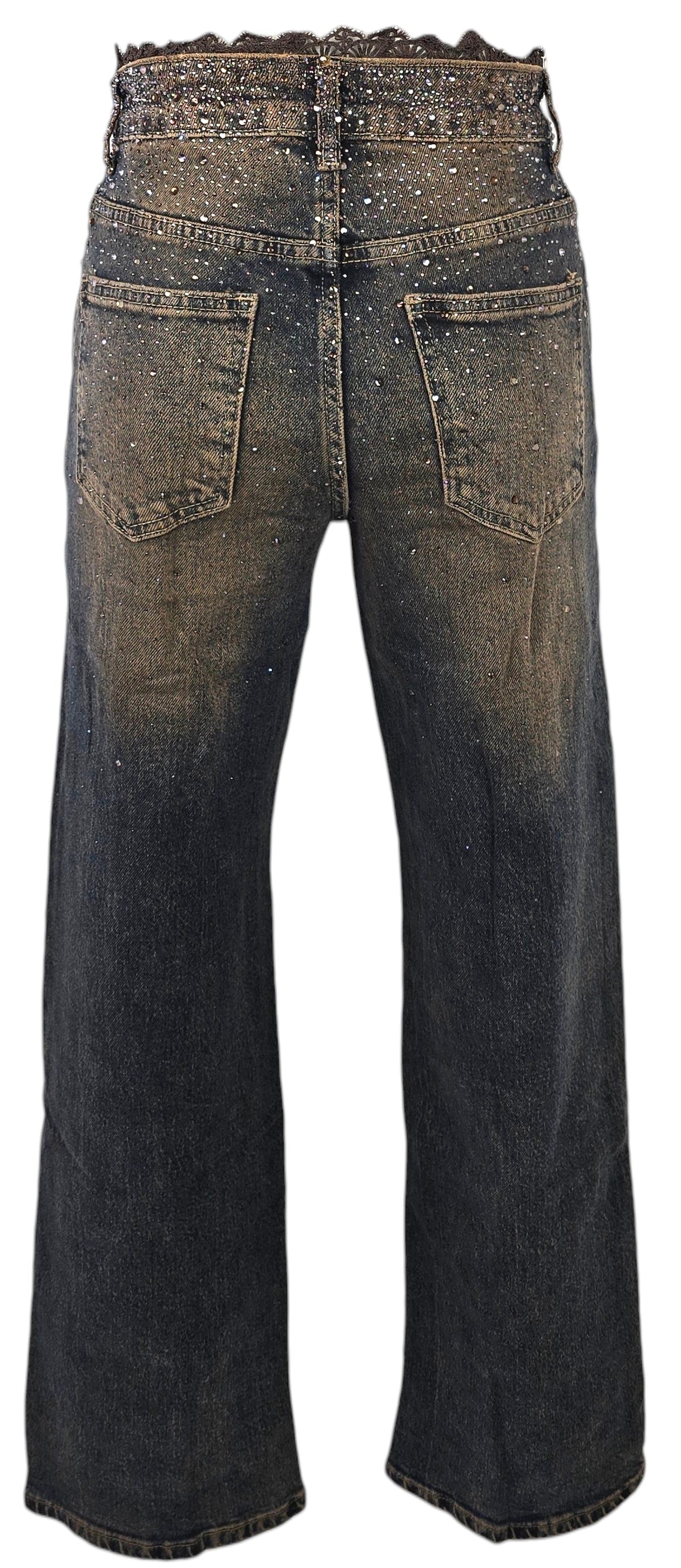 Jeans lavaggio vintage con strass e dettaglio in pizzo