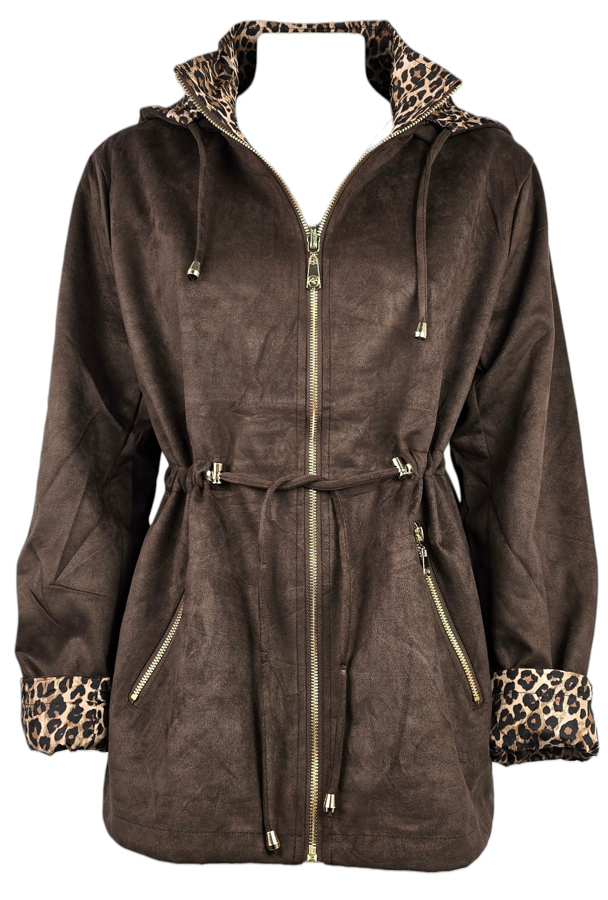 Giacca marrone in camoscio con dettagli animalier