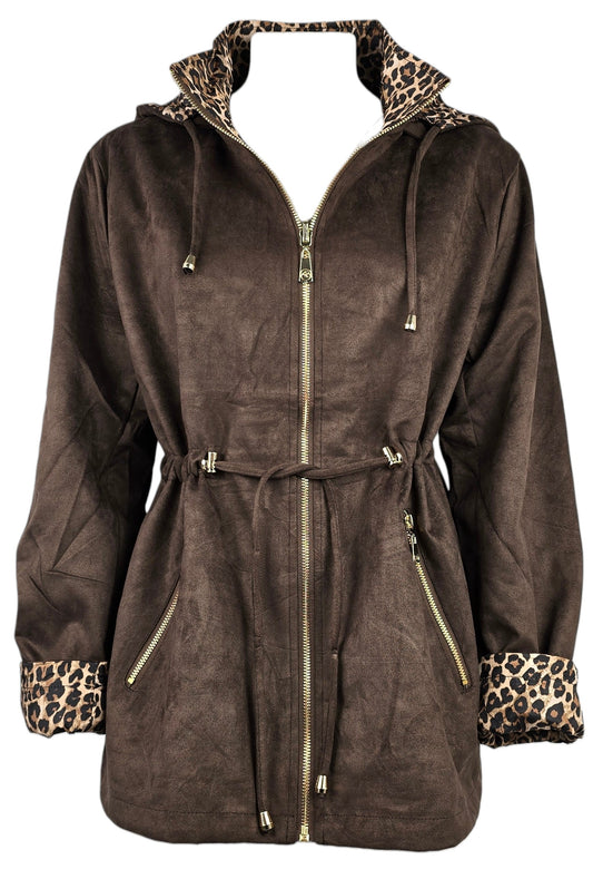 Giacca marrone in camoscio con dettagli animalier