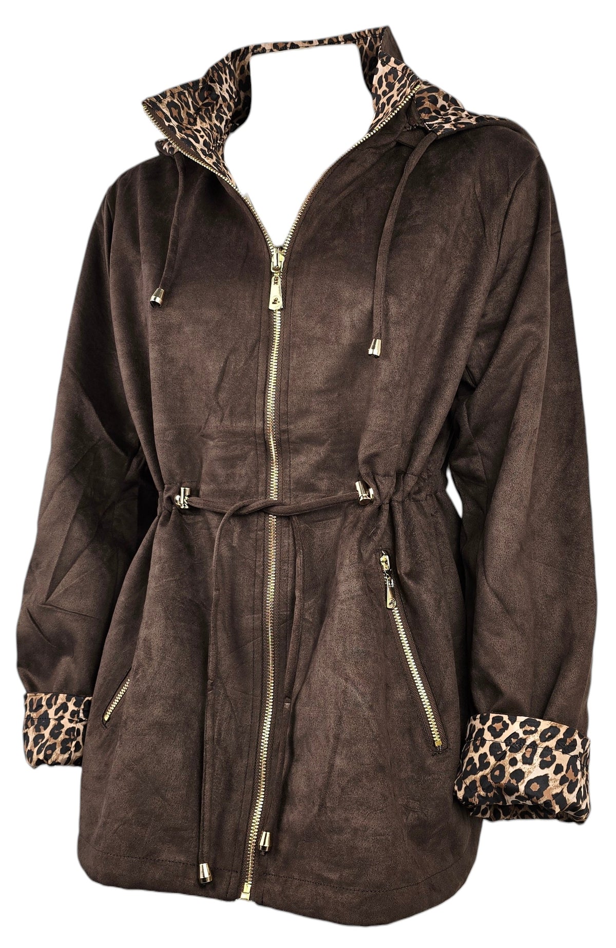 Giacca marrone in camoscio con dettagli animalier