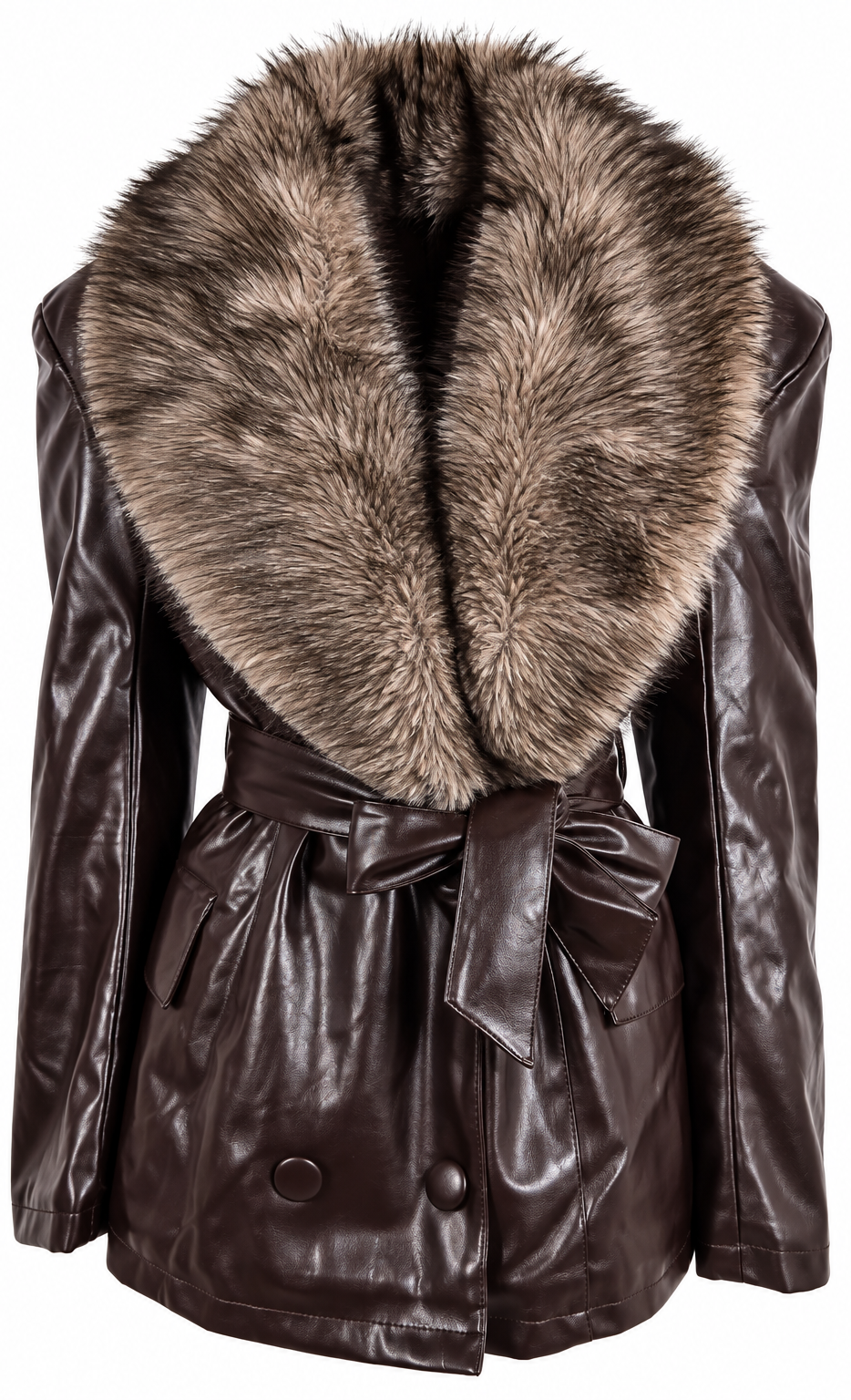 Giacca marrone in ecopelle con collo in pelliccia