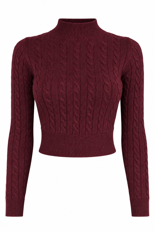 Maglia corta a coste con collo alto e motivo trecce