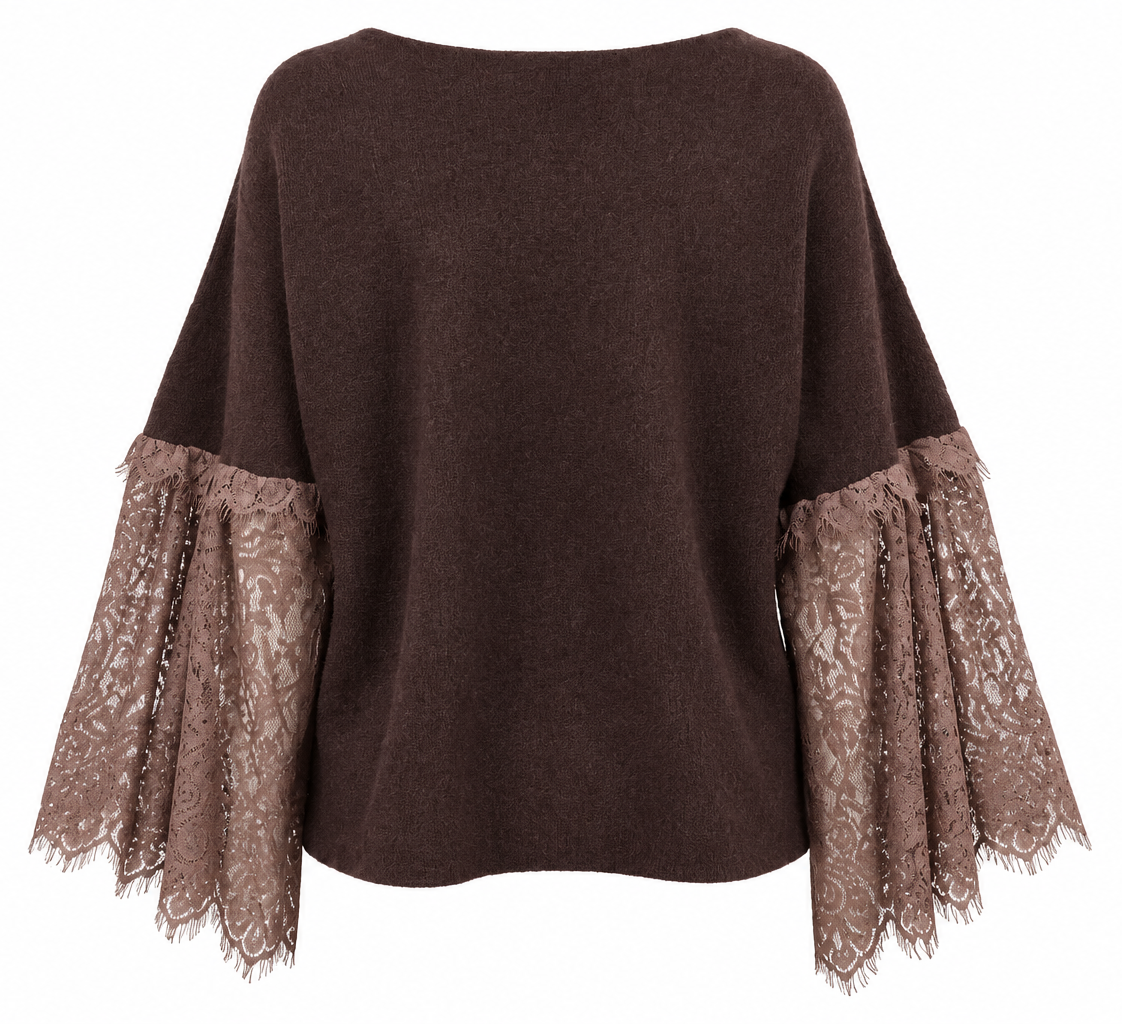Maglia marrone con maniche in pizzo