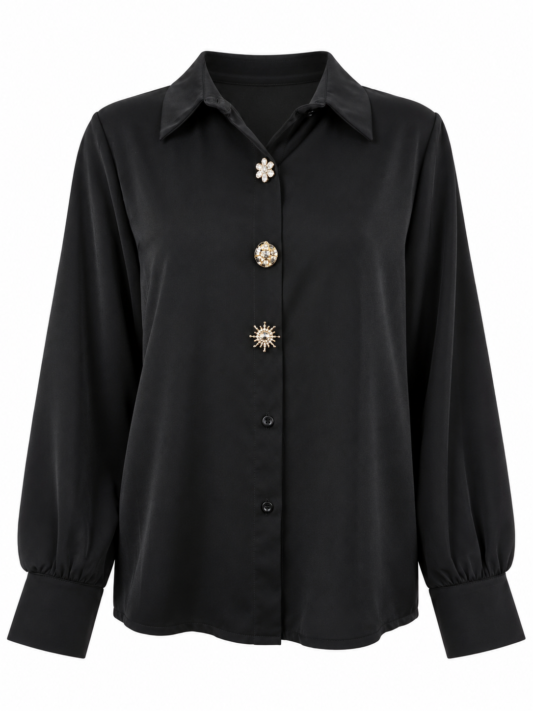 Camicia nera con bottoni gioiello decorativi