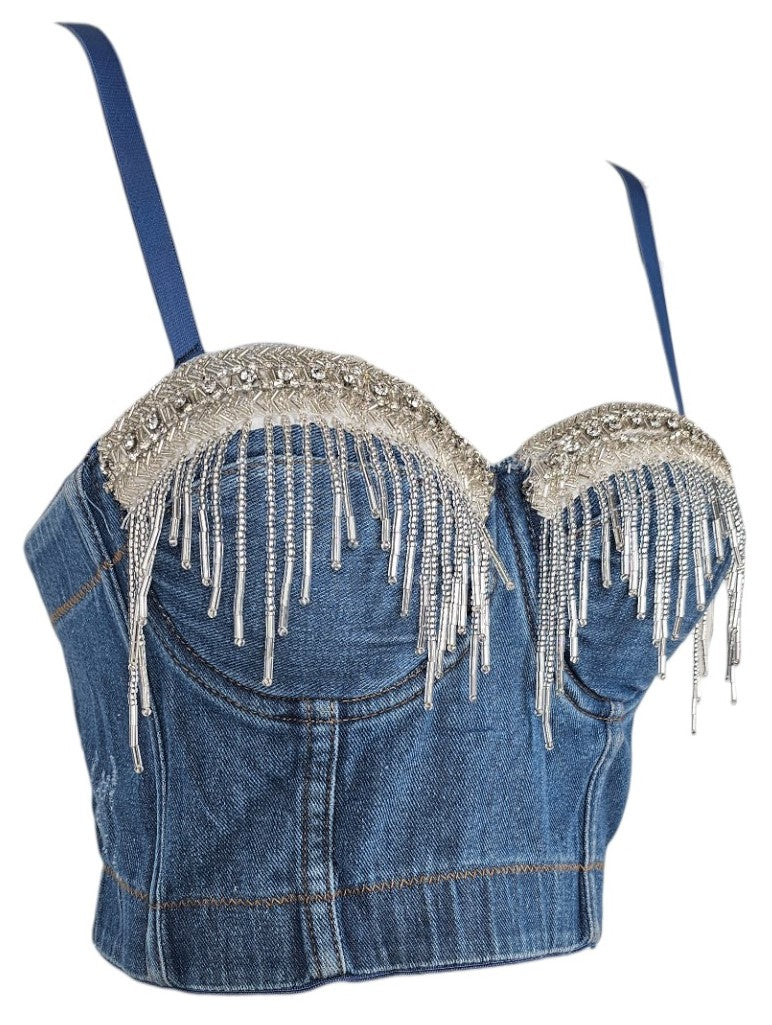 Corsetto in jeans con perline pendenti