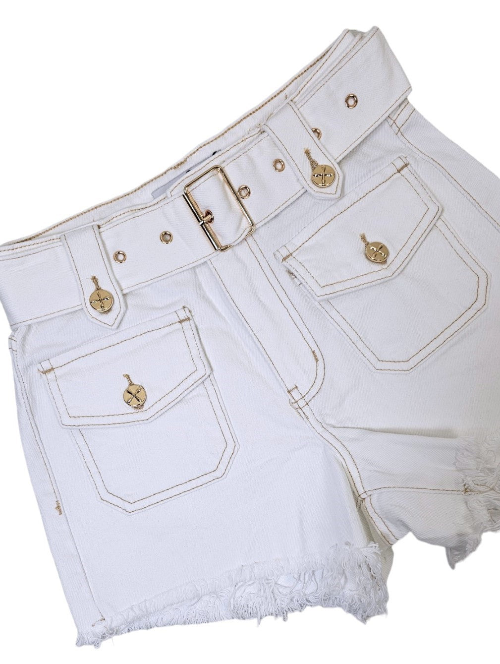 Shorts, jeans bianco con cintura