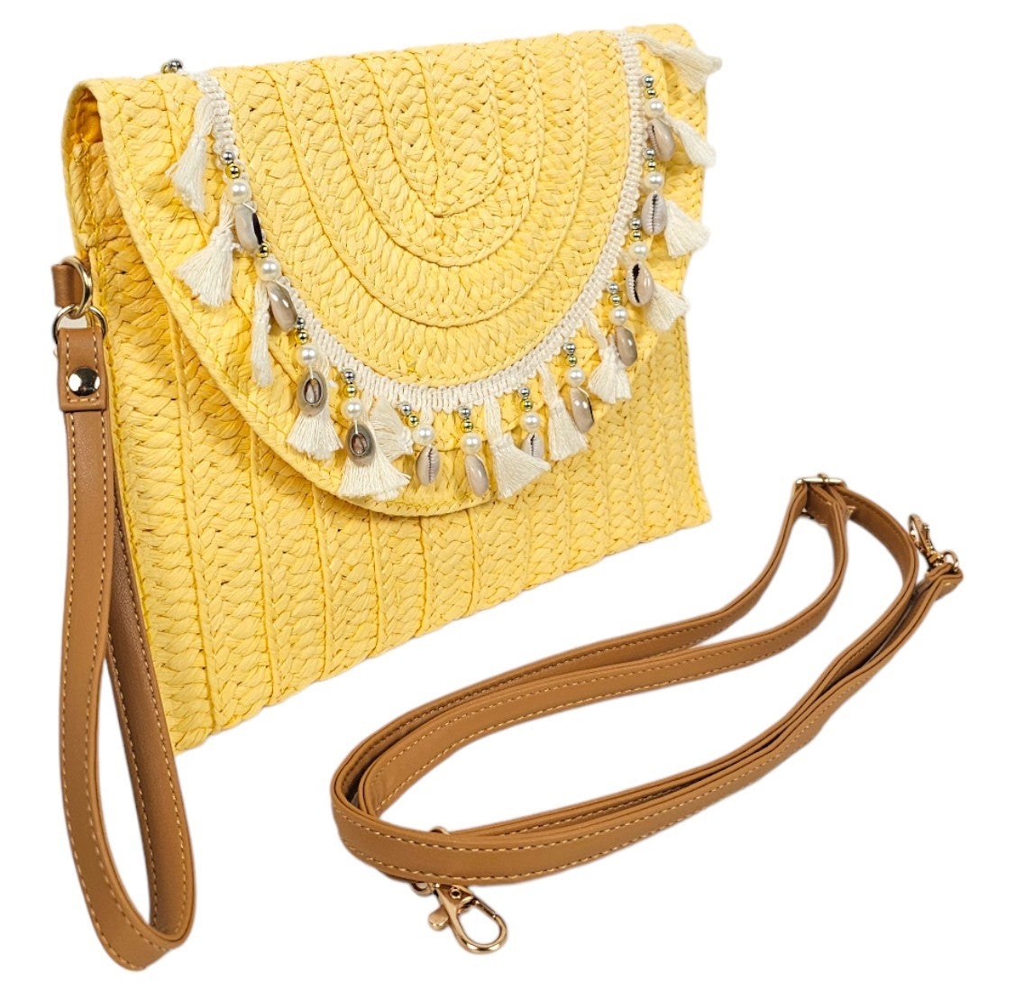 Borsa in vimini a pochette con conchiglie