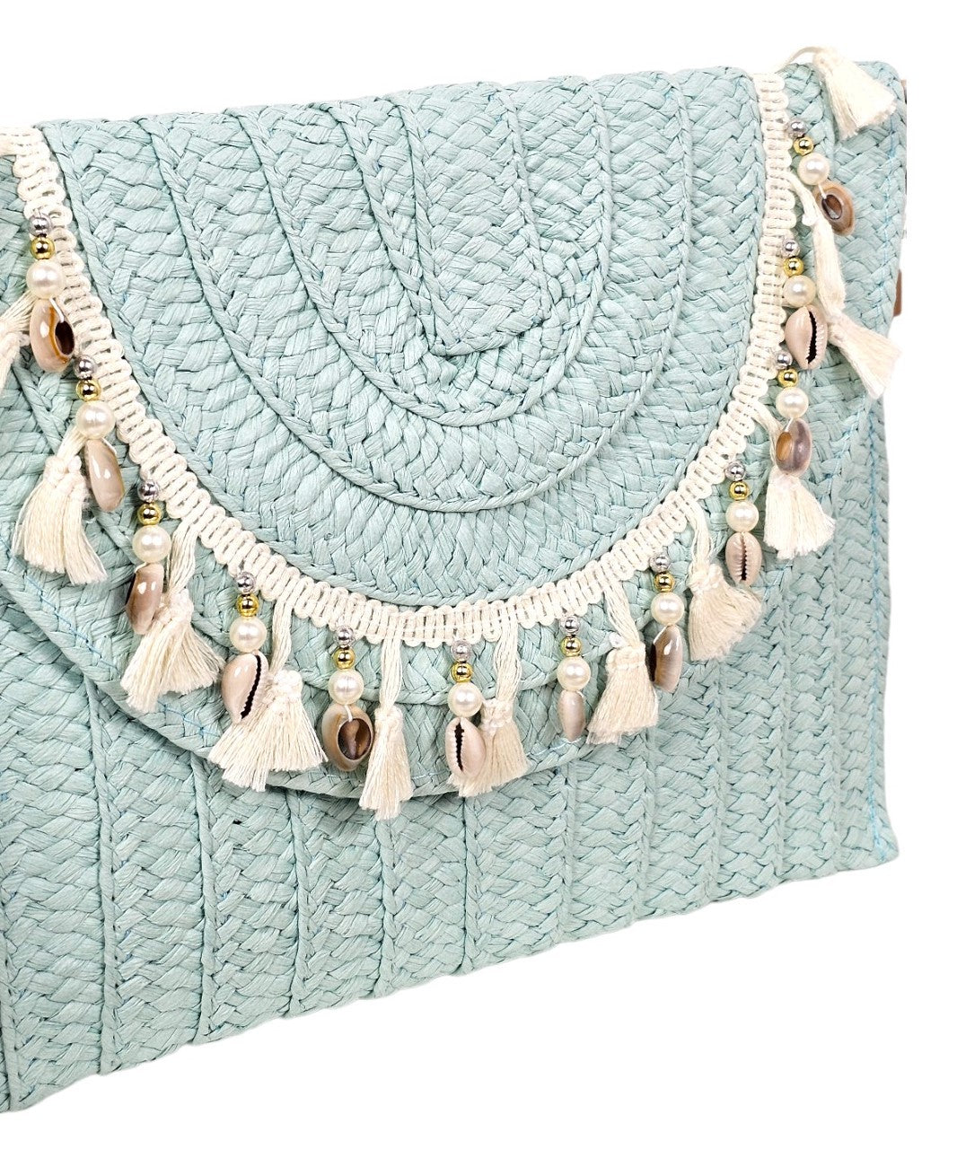 Borsa in vimini a pochette con conchiglie