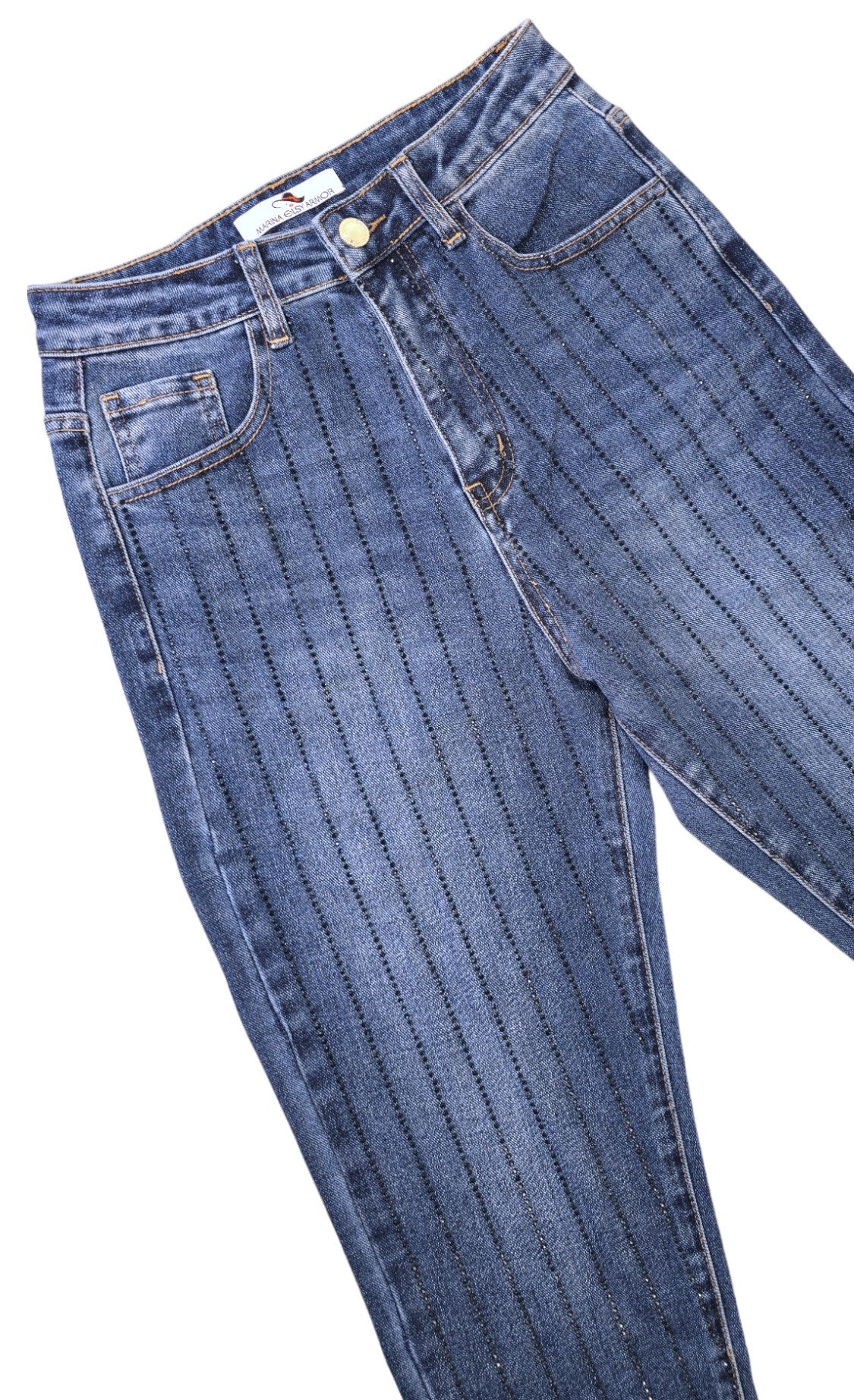 Jeans mom fit con strass neri