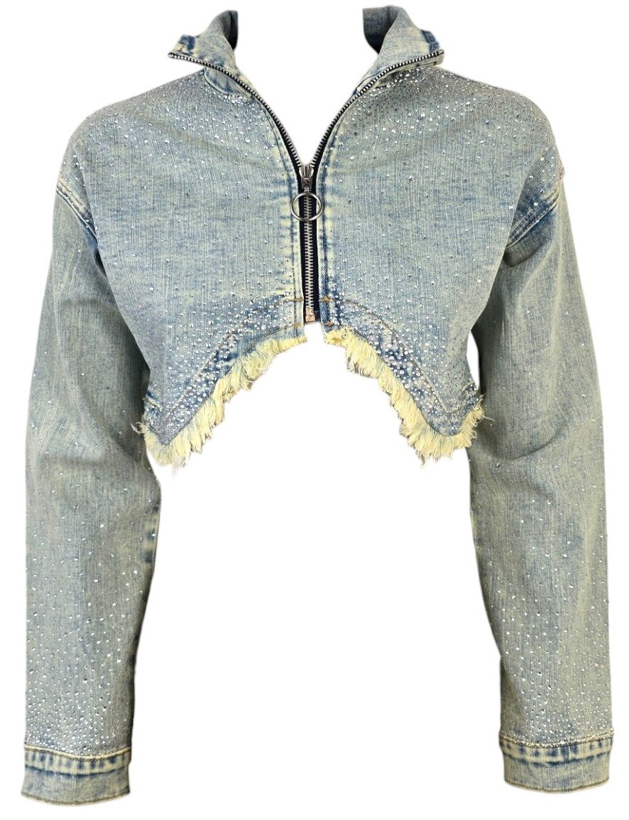 Giacca in jeans con zip e strass