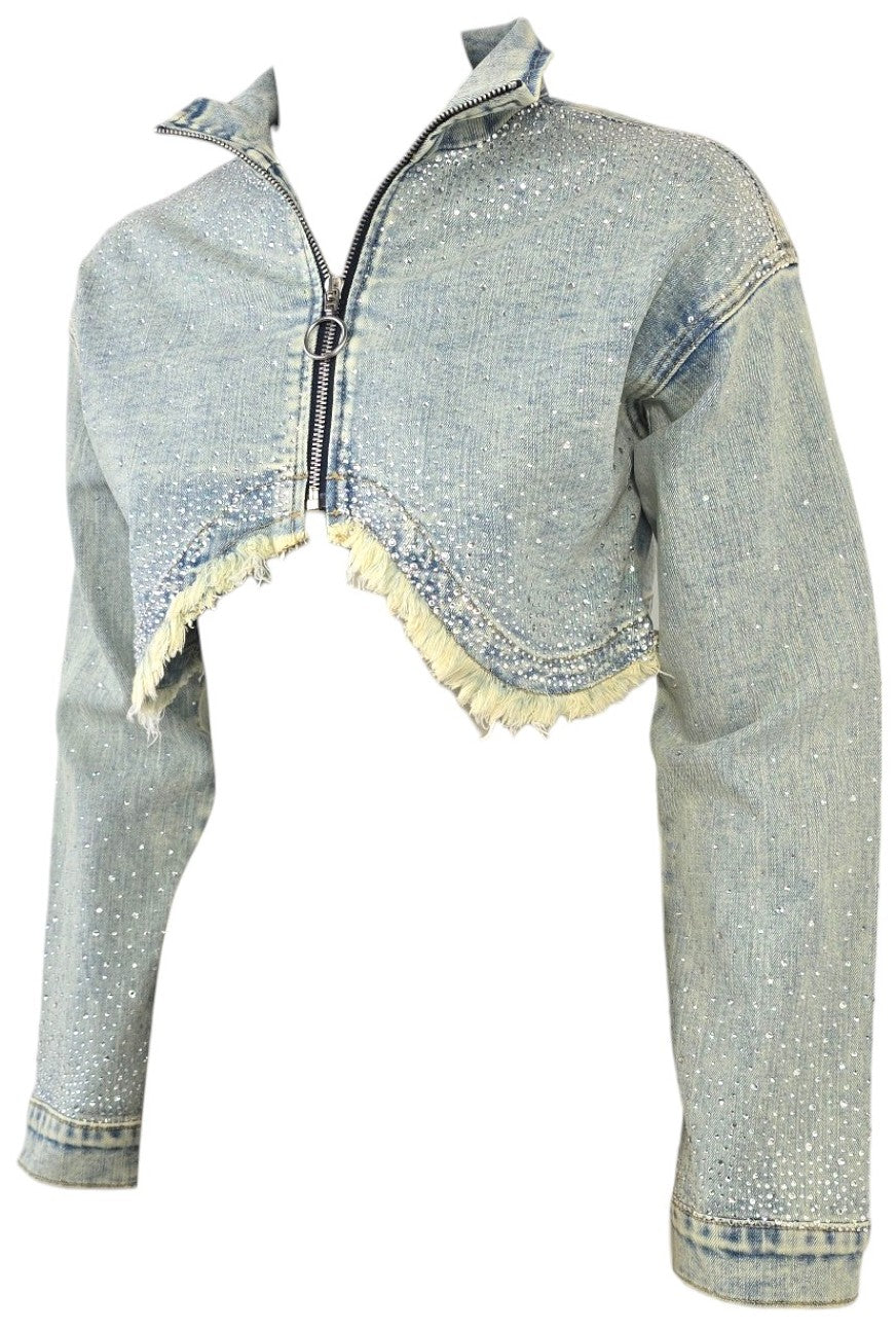 Giacca in jeans con zip e strass