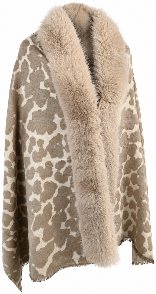 Poncho Animalier con Collo in Eco-Pelliccia