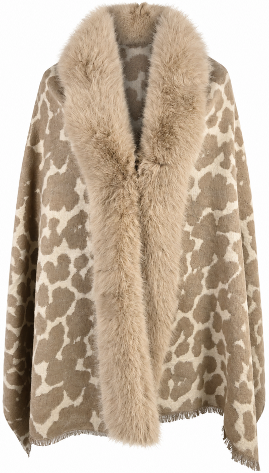 Poncho Animalier con Collo in Eco-Pelliccia