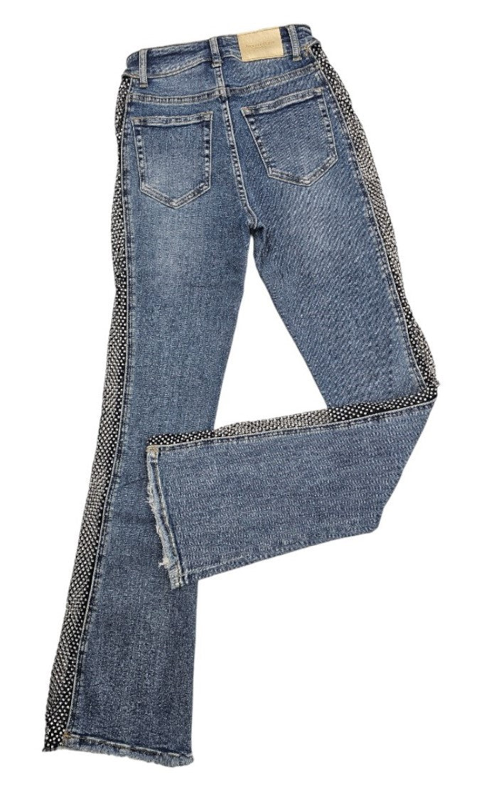 Mesh and rhinestone jeans, flared jeans