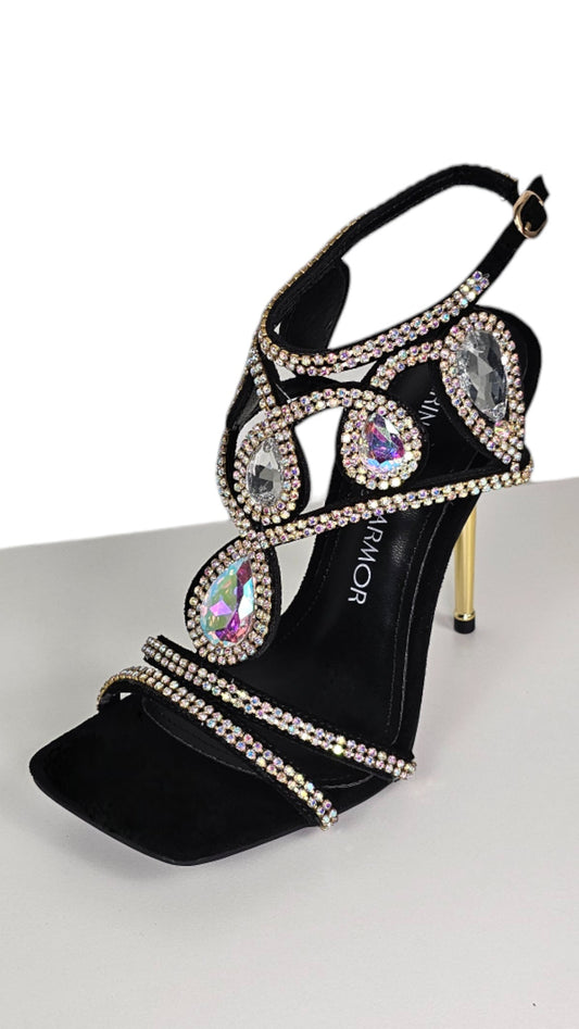 Sandalo elegante nero strass tacco