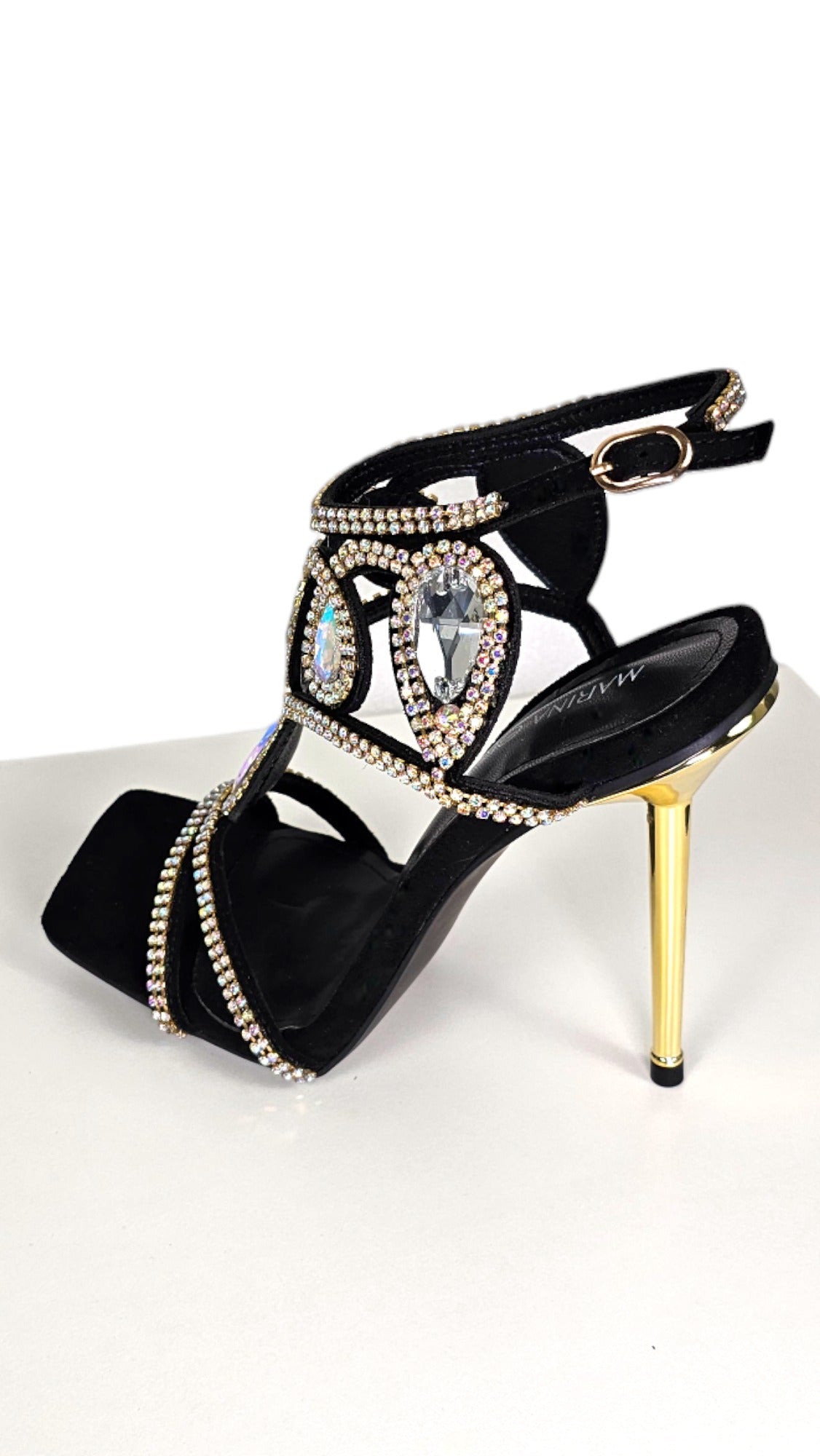 Elegant black rhinestone heel sandal